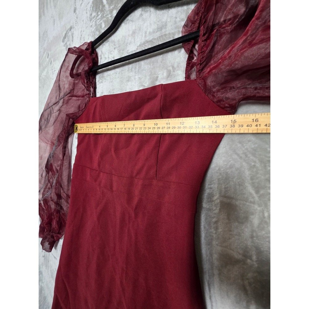 Fashion Nova Burgundy Square Neck Sheer‎ Puff Sleeve Mini Dress Small - Picture 4 of 8
